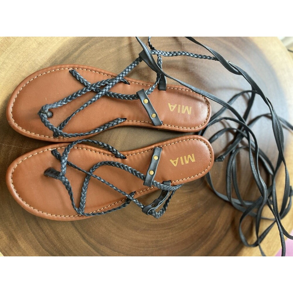 MIA Strappy Sandals Women Size 8 Blue w/Brown Insole Flat Heels